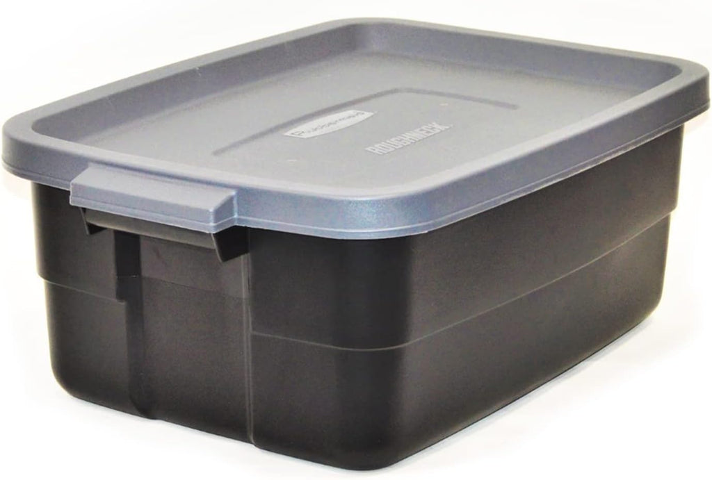 Rubbermaid 6-Pack Totes for Storage with Lids, Heavy Duty Plastic Storage Bins with Lids, Black Gray, 10 GAL - Stackable for Garage, Attic, Camping (10 GAL - 6 Pack Solid Black and Grey)