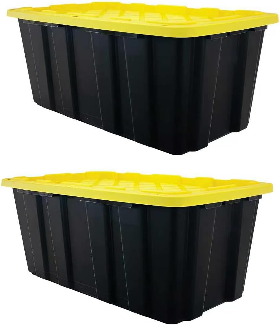 40 Gallon Tote 2 Pack, Heavy Duty Stackable Plastic Storage Bins with Lids, Black & Yellow Industrial Tough Containers for Garage, Moving, Truck Transport, Job Site Organization