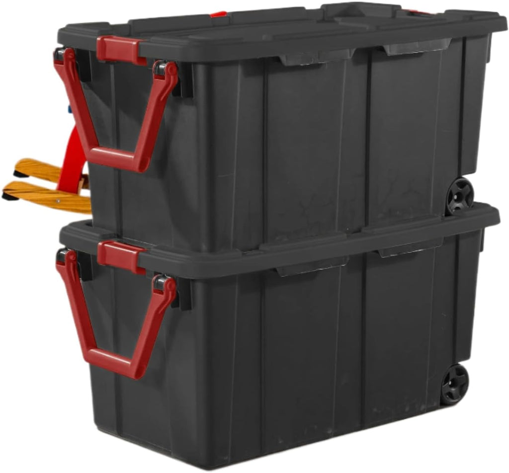 Set of 2 Black 40 Gallon Industrial Tote Plastic Bins with Wheels - Convenient Storage Solution