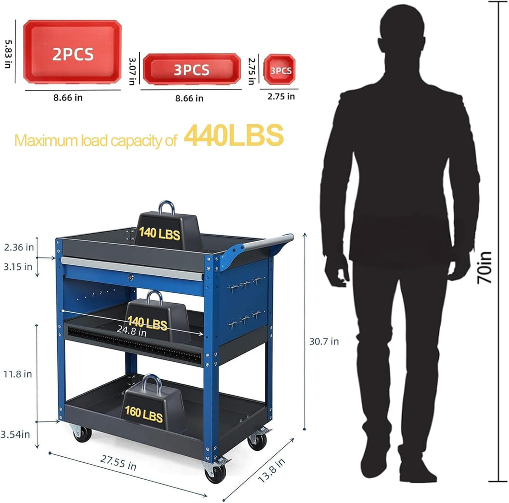 Tool Cart,440LBS Service Cart,4-Tier Tool Cart on Drawers,Hooks,Parts Box and Locking System for Warehouse,Garage,Workshop