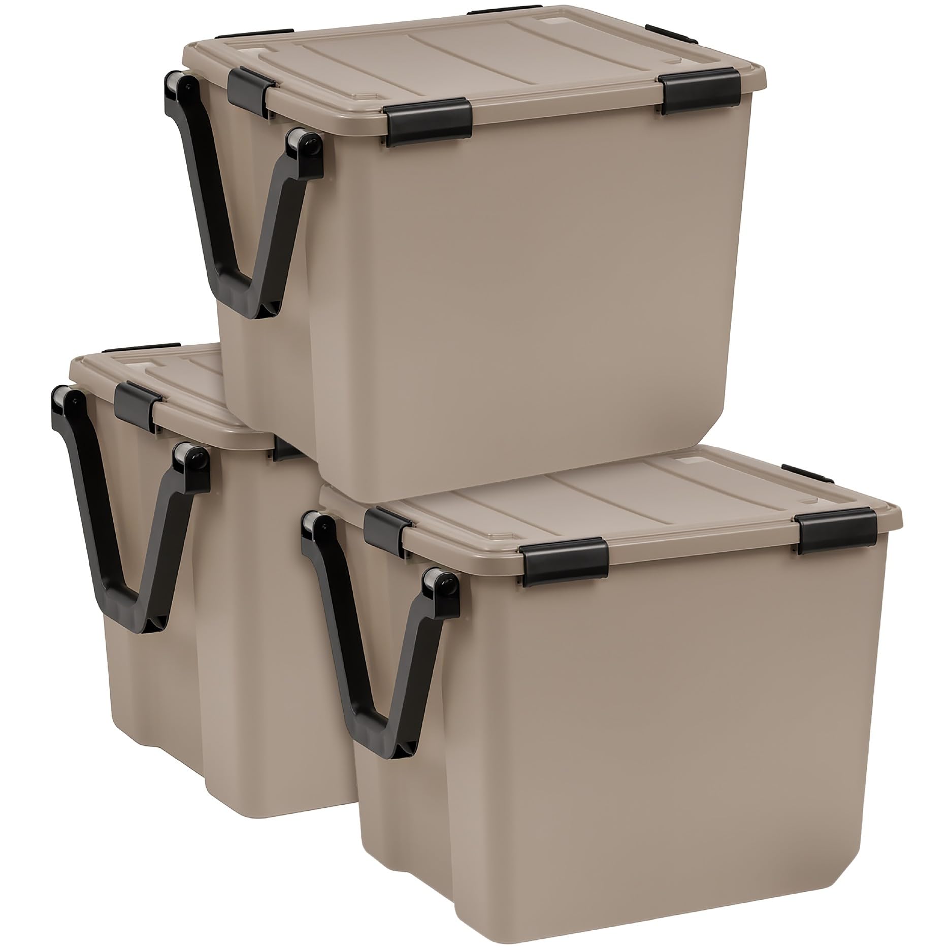 IRIS USA 4-Pack WeatherPro Gasket Box, 63 Quart Weather Resistant Storage Bins with Latching Lids, Heavy Duty Organizing Containers for Closet, Bathroom, and Office - Tan