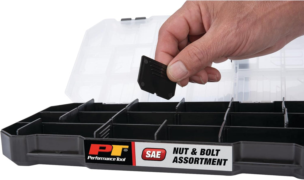 Performance Tool W5263 1080pc Hardware Assortment Kit with SEA & Metric Nuts, Bolts & Washers, Stacking Interlocking Clear Lid Bins for Maximum Portability
