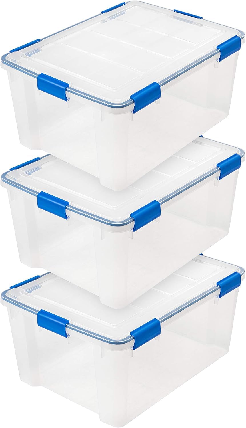 IRIS USA WeatherPro 44 Qt Storage Bins with Lids, 2 Pack, BPA-Free Plastic Gasket Box with Tight Latch and Seal, Stackable Nestable Tote Tub - Clear/Blue