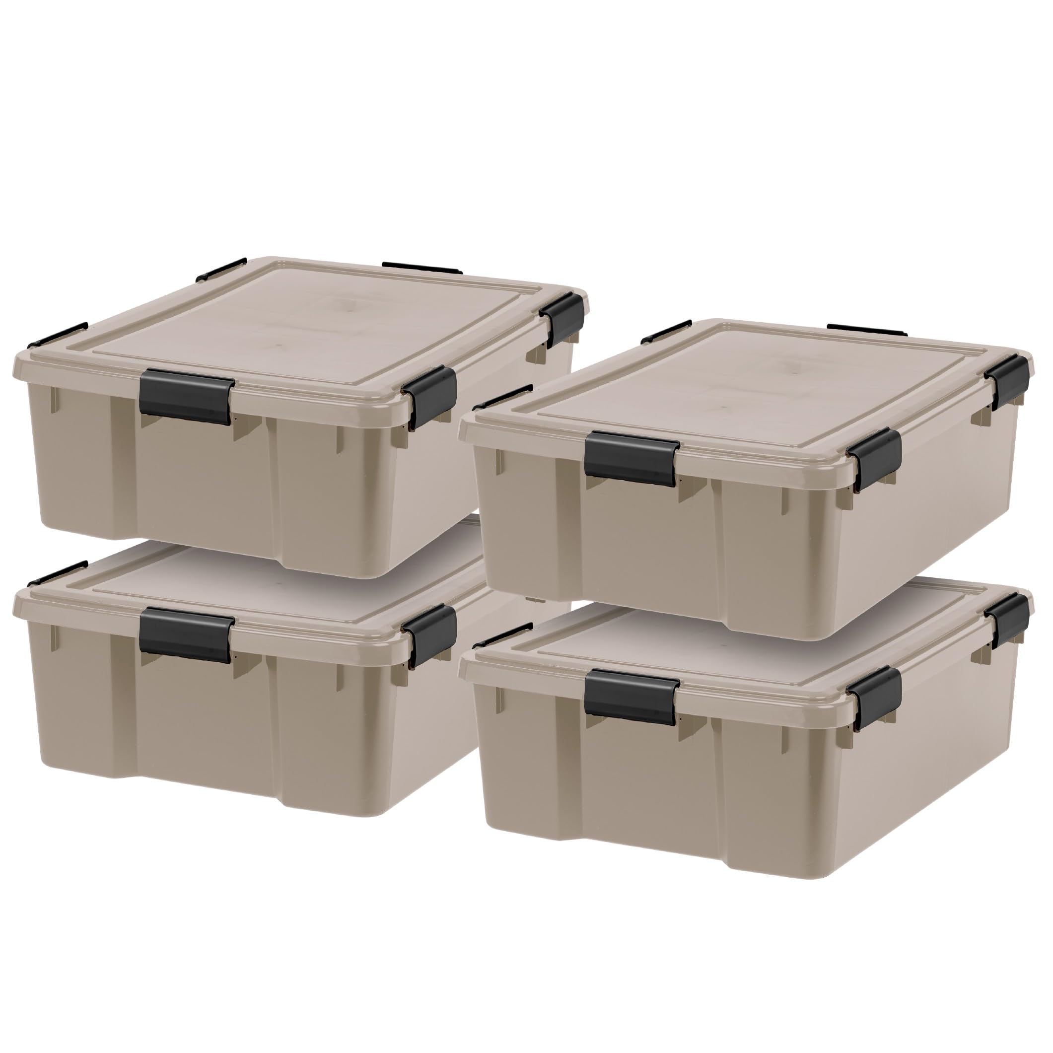 IRIS USA 4-Pack WeatherPro Gasket Box, 63 Quart Weather Resistant Storage Bins with Latching Lids, Heavy Duty Organizing Containers for Closet, Bathroom, and Office - Tan