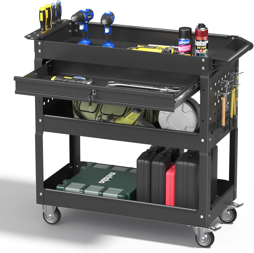 Matte Black Rolling Tool Cart, 3-Tier Mobile Utility Cart for Garage & Repair Shop