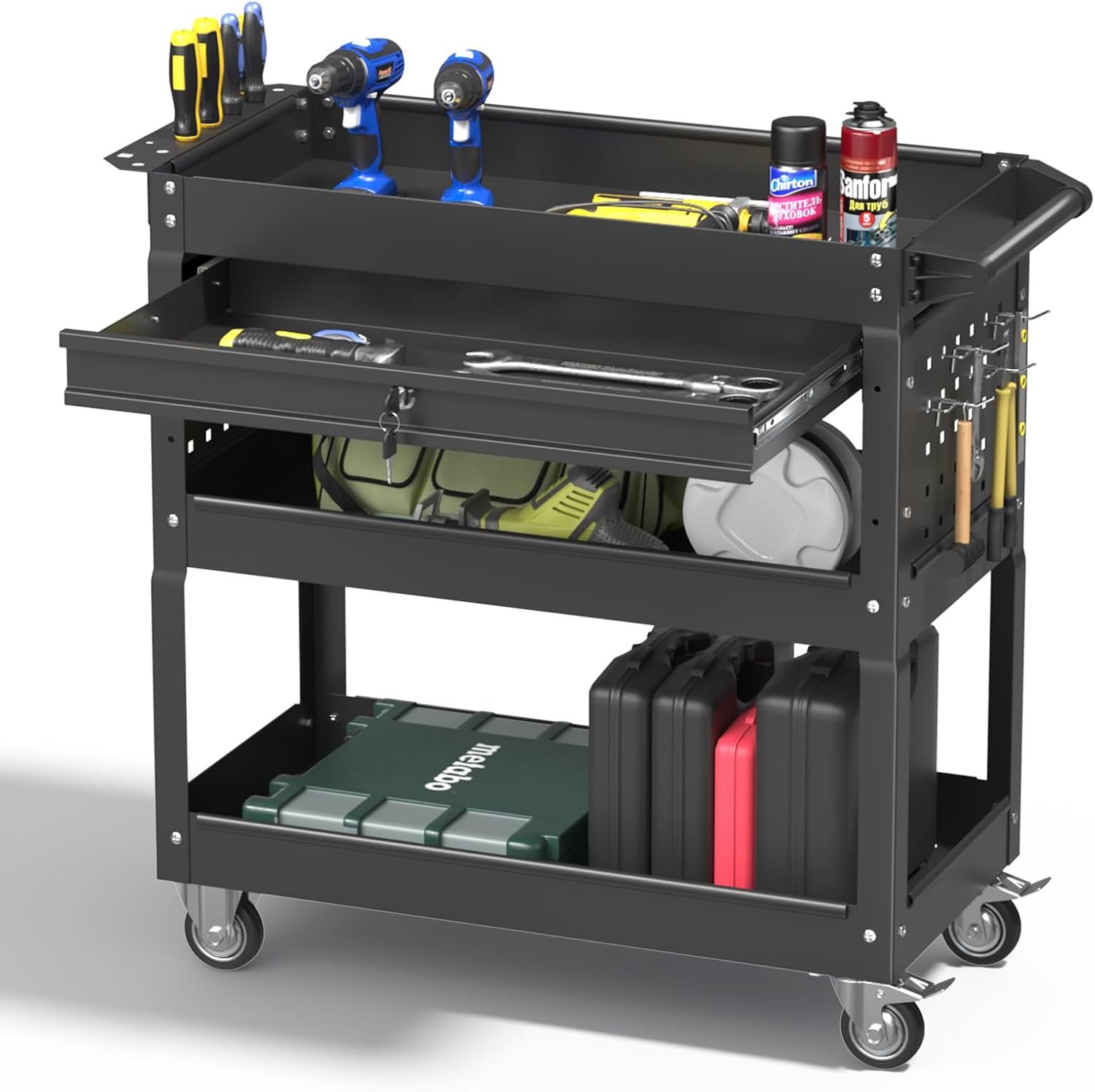 Matte Black Rolling Tool Cart, 3-Tier Mobile Utility Cart for Garage & Repair Shop
