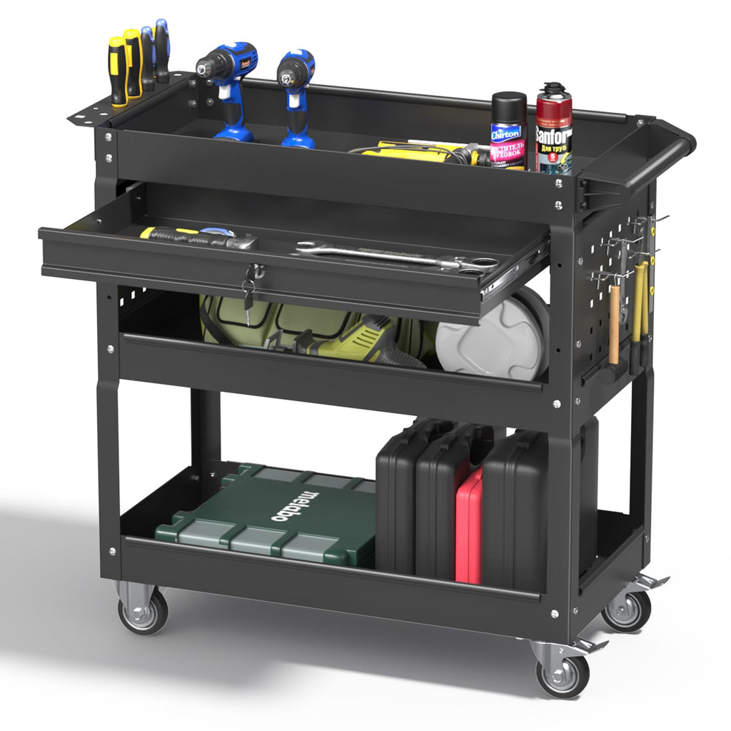 Matte Black Rolling Tool Cart, 3-Tier Mobile Utility Cart for Garage & Repair Shop