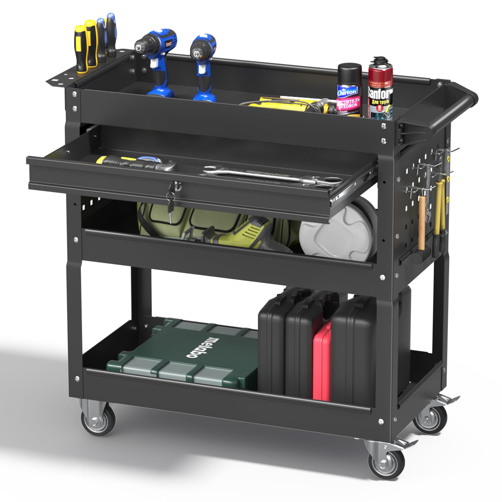 Matte Black Rolling Tool Cart, 3-Tier Mobile Utility Cart for Garage & Repair Shop