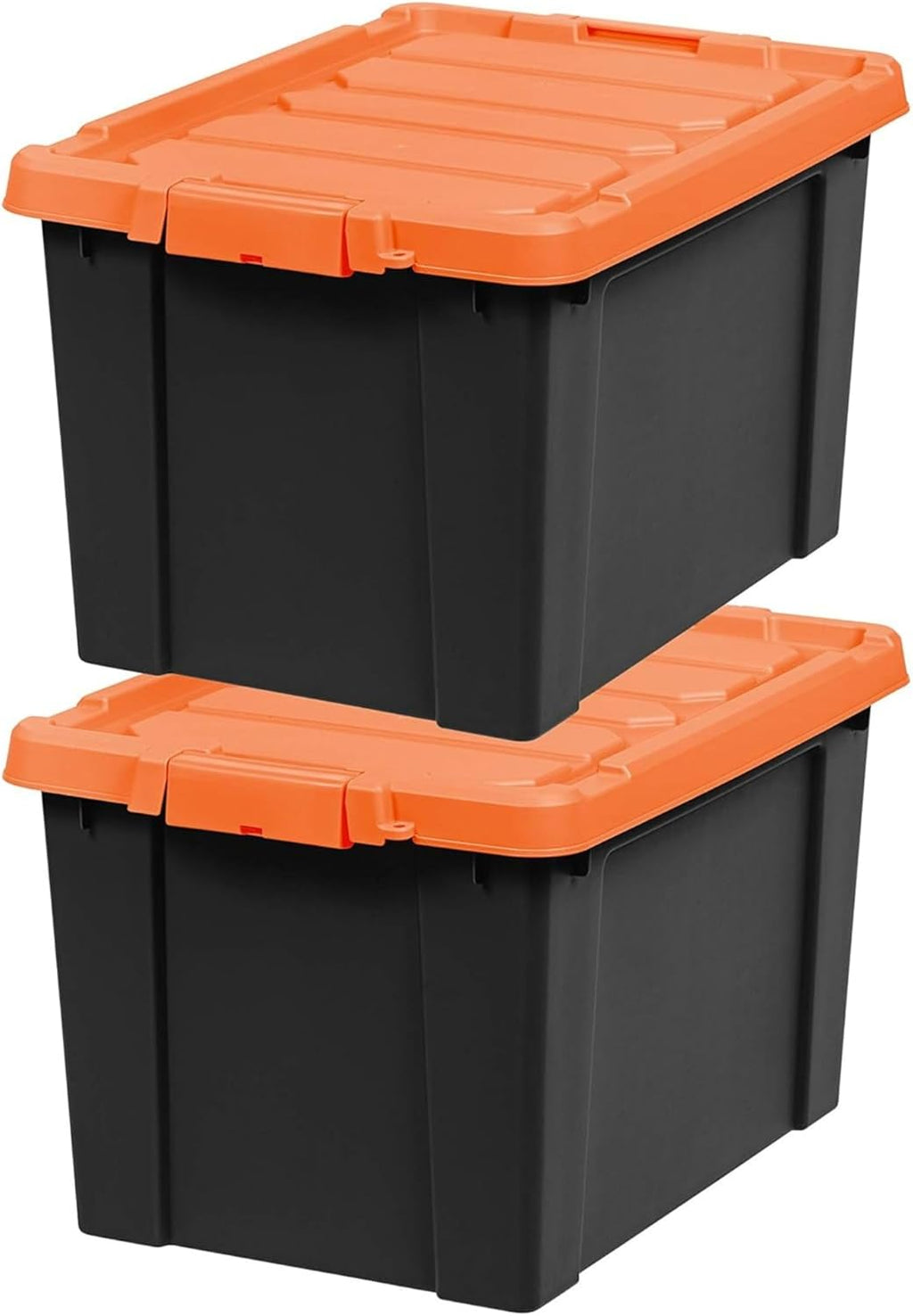 IRIS USA 20 Gallon Lockable Storage Bins with Lids, 2 Pack - Made in USA, Heavy Duty, Stackable Containers, Garage Organizing Bins Moving Tubs, Rugged Sturdy Equipment Utility Box - Black/Orange