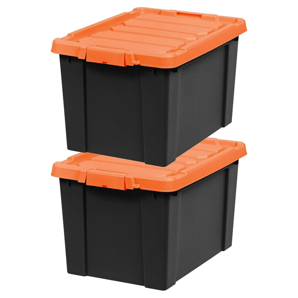 IRIS USA 20 Gallon Lockable Storage Bins with Lids, 2 Pack - Made in USA, Heavy Duty, Stackable Containers, Garage Organizing Bins Moving Tubs, Rugged Sturdy Equipment Utility Box - Black/Orange