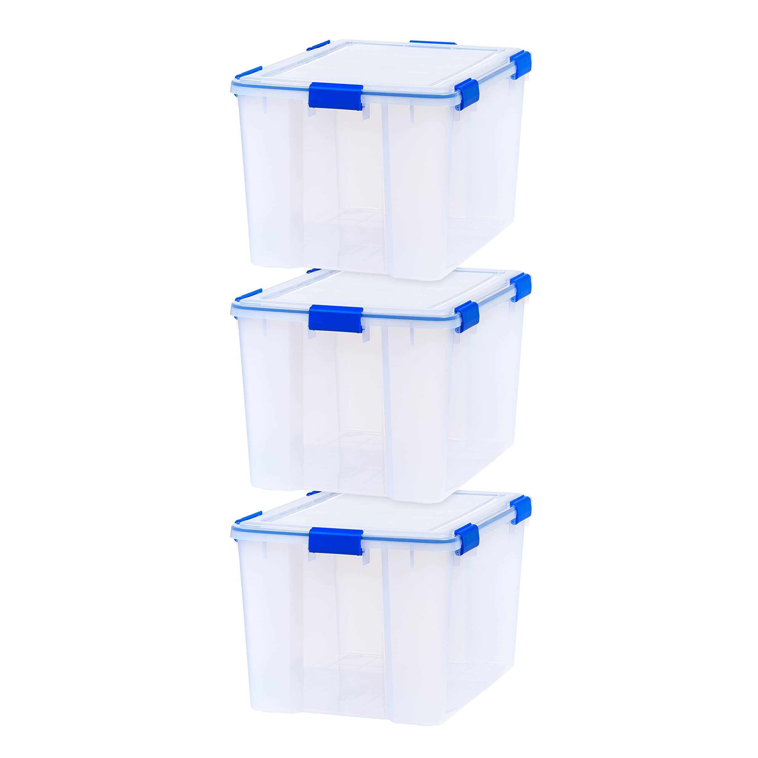 IRIS USA WeatherPro 44 Qt Storage Bins with Lids, 2 Pack, BPA-Free Plastic Gasket Box with Tight Latch and Seal, Stackable Nestable Tote Tub - Clear/Blue