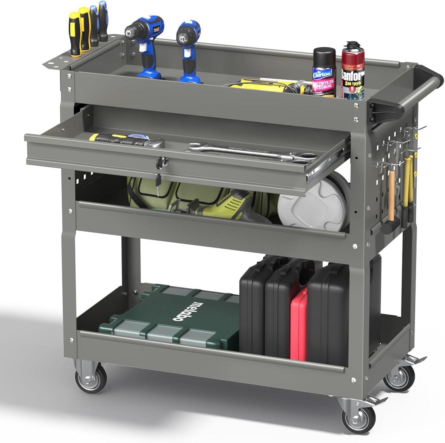 Matte Black Rolling Tool Cart, 3-Tier Mobile Utility Cart for Garage & Repair Shop
