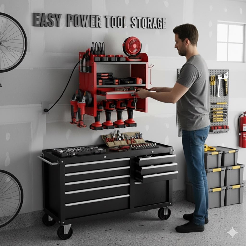 KSVO Power Tool Organizer Wall Mount with Drill Rack & Locking Drawers - Heavy Duty Metal Tool Shelf for Garage, Workshop, Shed, Basement Tool Organization - Gift for Men/Father (Red)