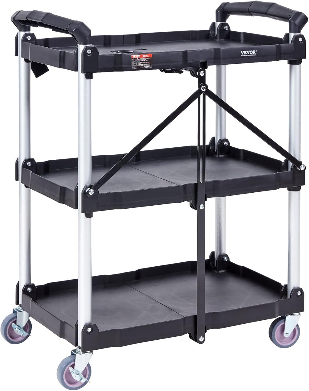 VEVOR Foldable Utility Service Cart, 165LBS 3 Shelf Heavy Duty Plastic Rolling Cart with 360° Swivel Wheels (2 with Brakes), Ergonomic Handle, Portable Garage Tool Cart for Warehouse Office Home