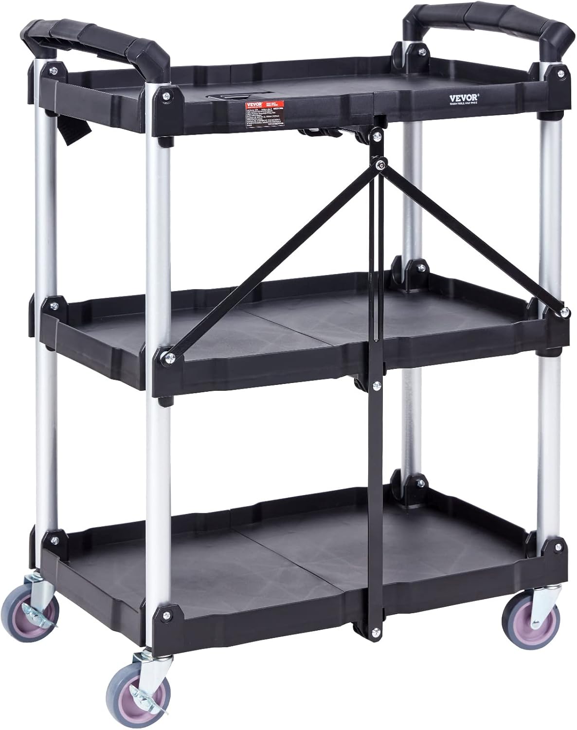 VEVOR Foldable Utility Service Cart, 165LBS 3 Shelf Heavy Duty Plastic Rolling Cart with 360° Swivel Wheels (2 with Brakes), Ergonomic Handle, Portable Garage Tool Cart for Warehouse Office Home