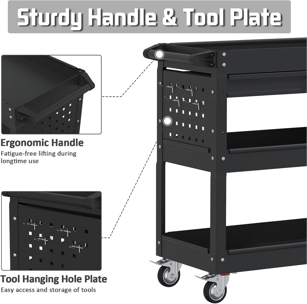 Matte Black Rolling Tool Cart, 3-Tier Mobile Utility Cart for Garage & Repair Shop
