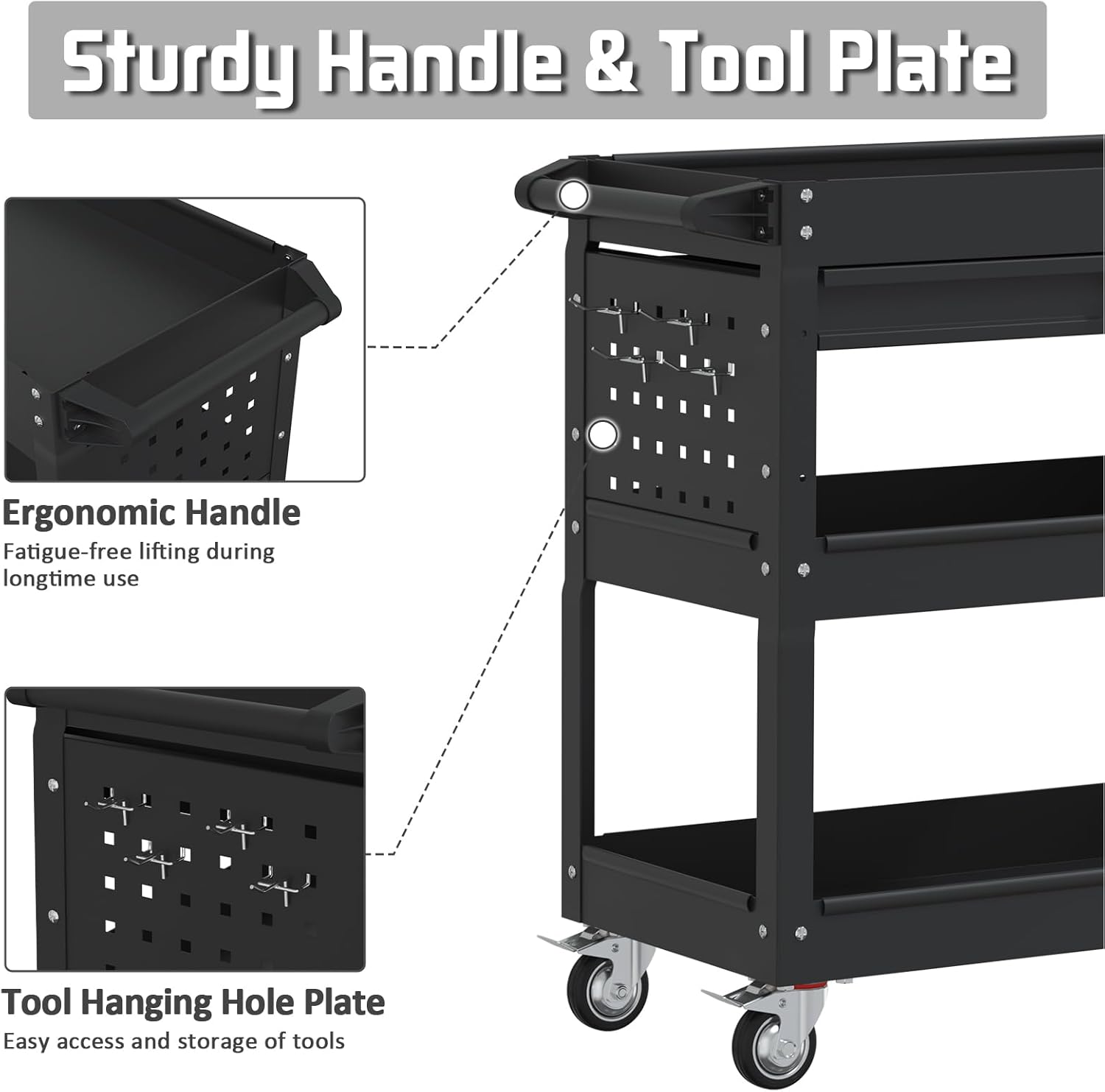 Matte Black Rolling Tool Cart, 3-Tier Mobile Utility Cart for Garage & Repair Shop