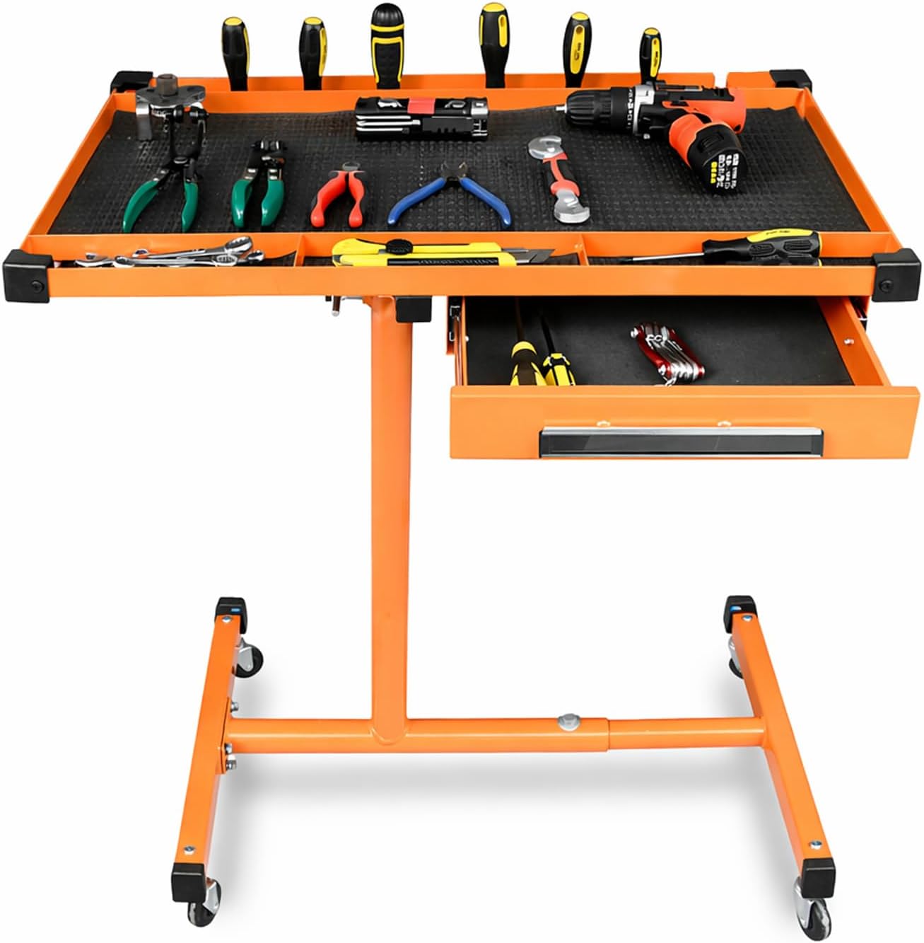 A A IN LT018 Heavy Duty Adjustable Work Table with Drawers, Rolling Tool Tray on Wheels of 220lbs Capacity, Mobile Service Tray for Mechanic
