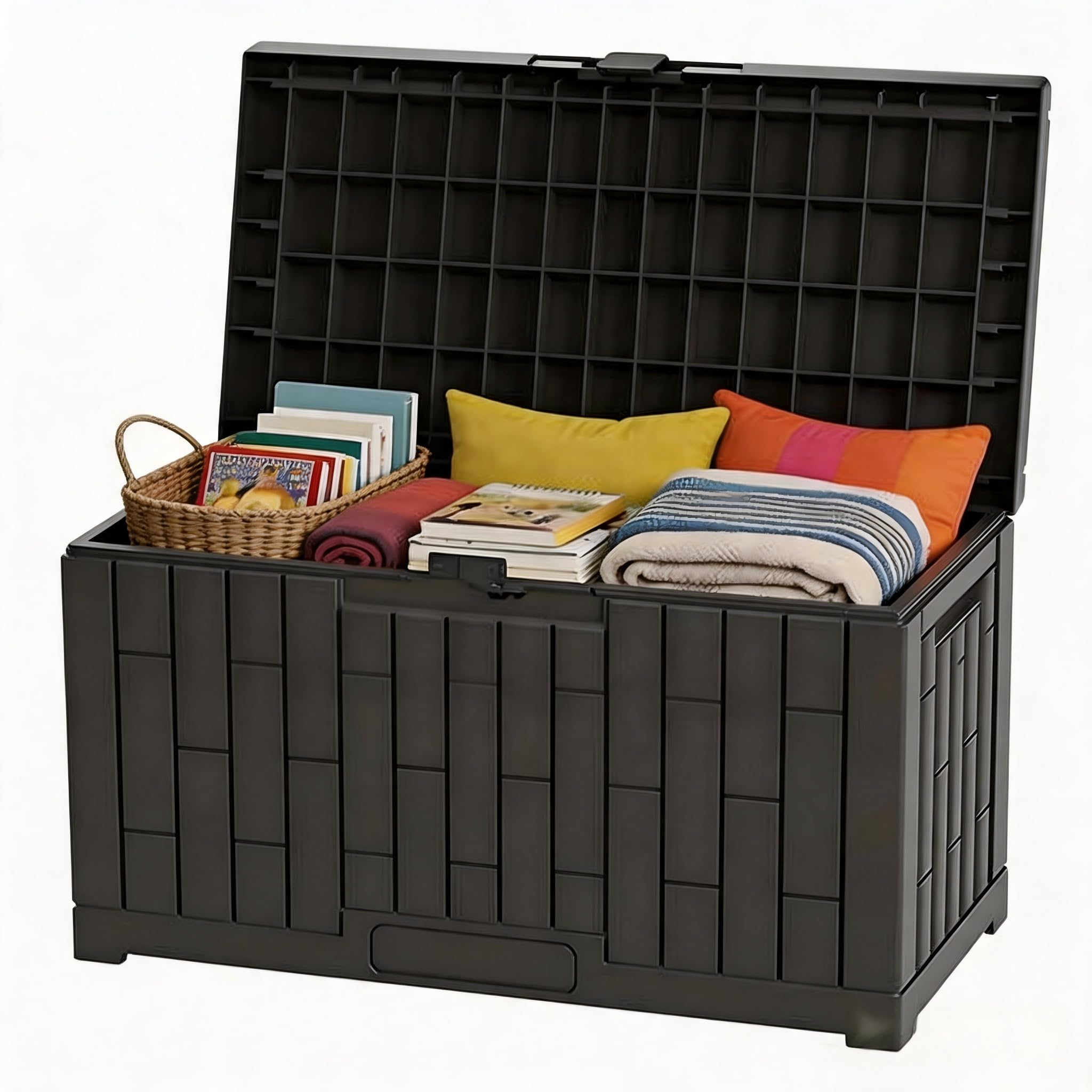 Outdoor Storage Box, 60 Gallon Waterproof Deck Box, Lockable Storage Container, Built-in Reinforcing Metal Rod Outside Resin Bin for Patio, Garden, Poolside and Garage