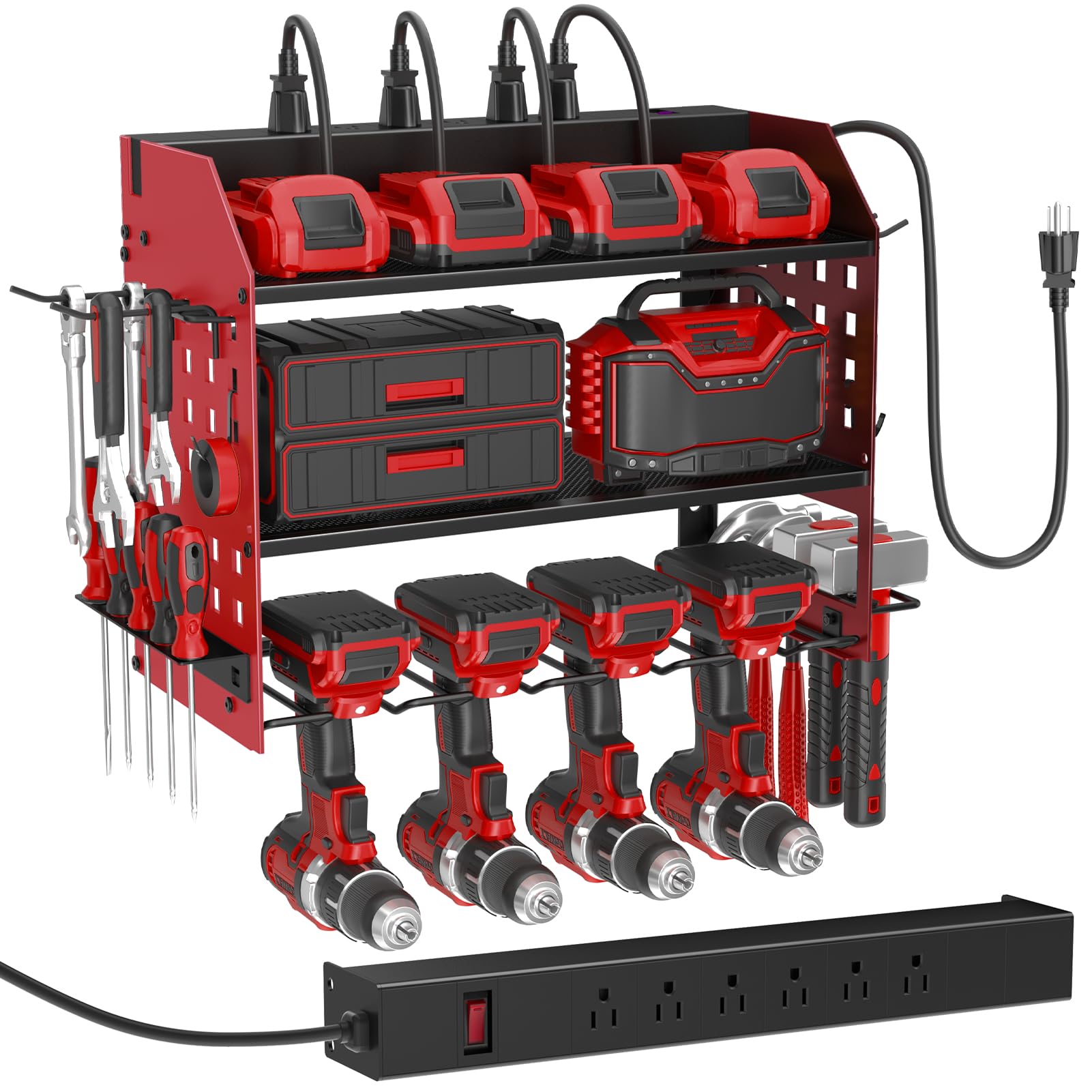 SUNALLY Power Tool Organizer Wall Mount with Charging Station,3 Layer Heavy Duty Metal Tool Storage Rack with 4 Drill Holders, Power Tool Shelf for Garage, Warehouse, Workshop, Gifts for Men, Husband