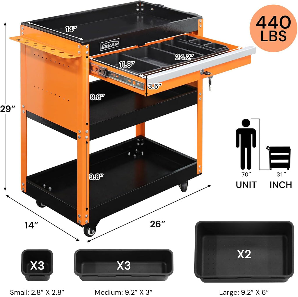 SEKAM 3-Tier Rolling Tool Cart: Heavy Duty Mechanic Service Cart with Drawer for Garage & Warehouse – Metal Utility Trolley Organizer with Locking Wheels & Screwdriver Holder (440LBS Capacity)