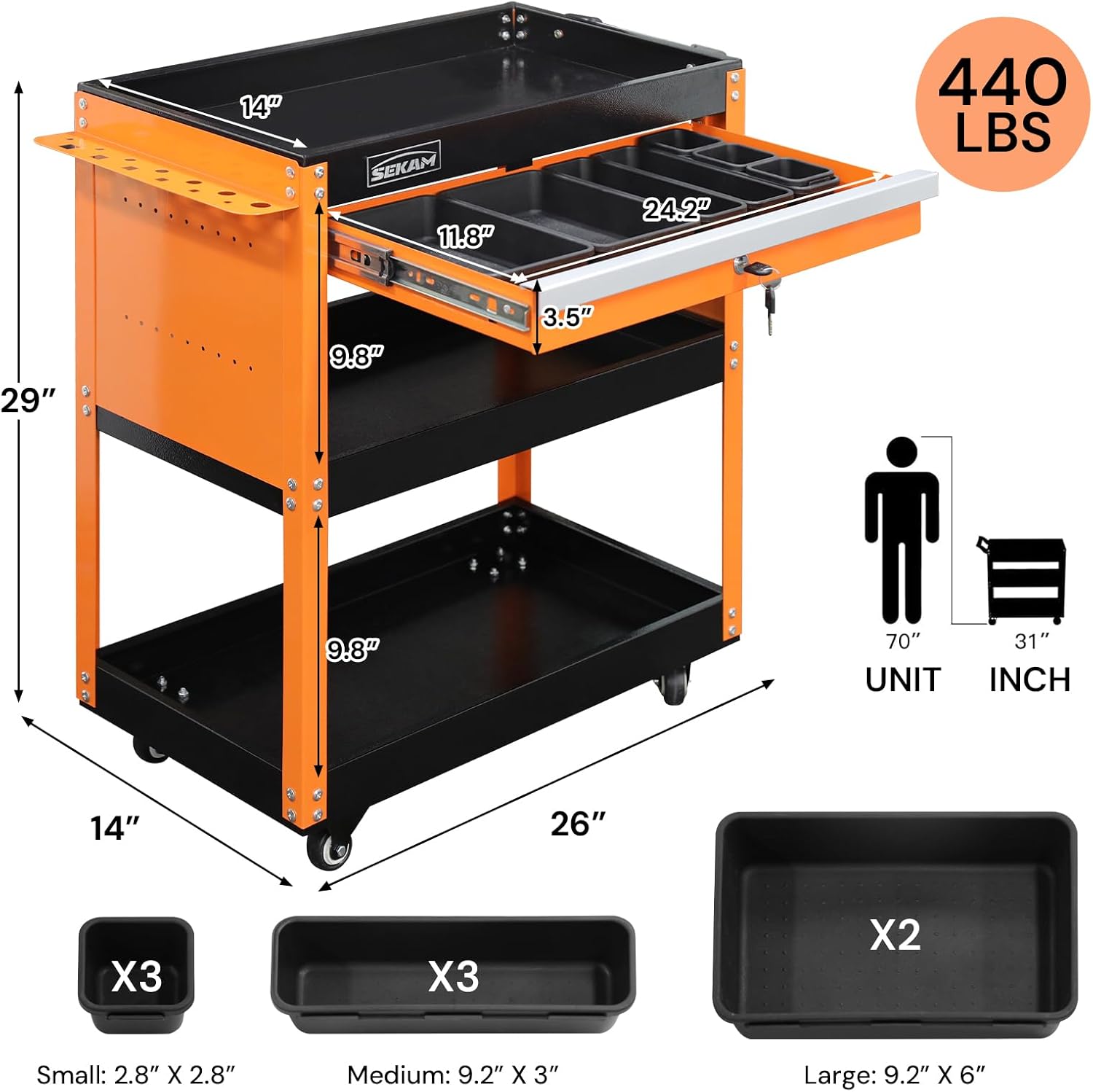 SEKAM 3-Tier Rolling Tool Cart: Heavy Duty Mechanic Service Cart with Drawer for Garage & Warehouse – Metal Utility Trolley Organizer with Locking Wheels & Screwdriver Holder (440LBS Capacity)