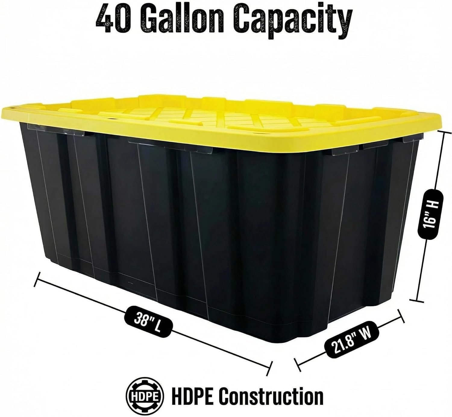 40 Gallon Tote 2 Pack, Heavy Duty Stackable Plastic Storage Bins with Lids, Black & Yellow Industrial Tough Containers for Garage, Moving, Truck Transport, Job Site Organization