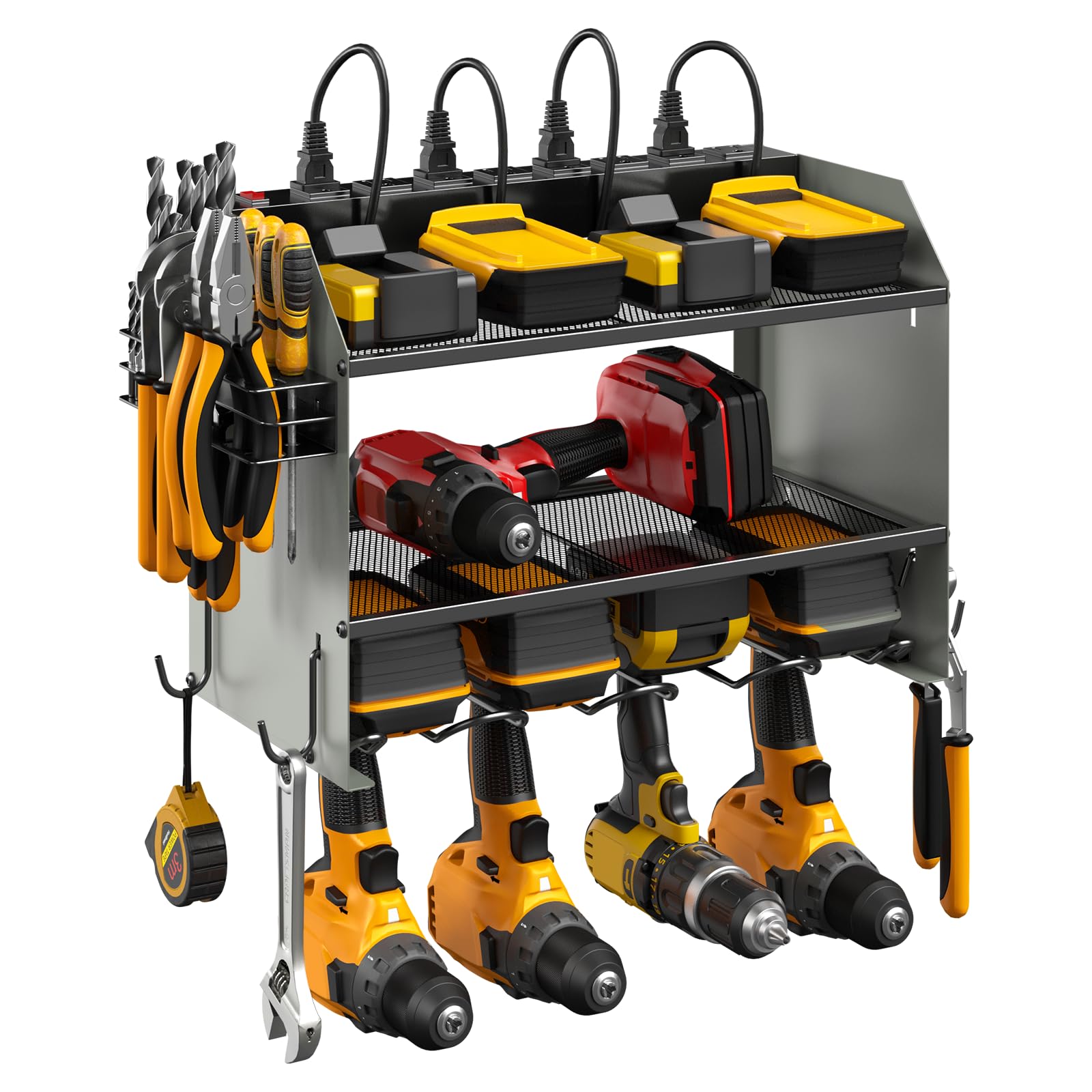 CCCEI Modular Power Tool Organizer Wall Mount with Charging Station. Garage Drill Storage Shelf with Hooks, Heavy Duty Rack, Tool Battery Holder Built in 8 Outlet. Gift for Men. Red, 1 Pack.