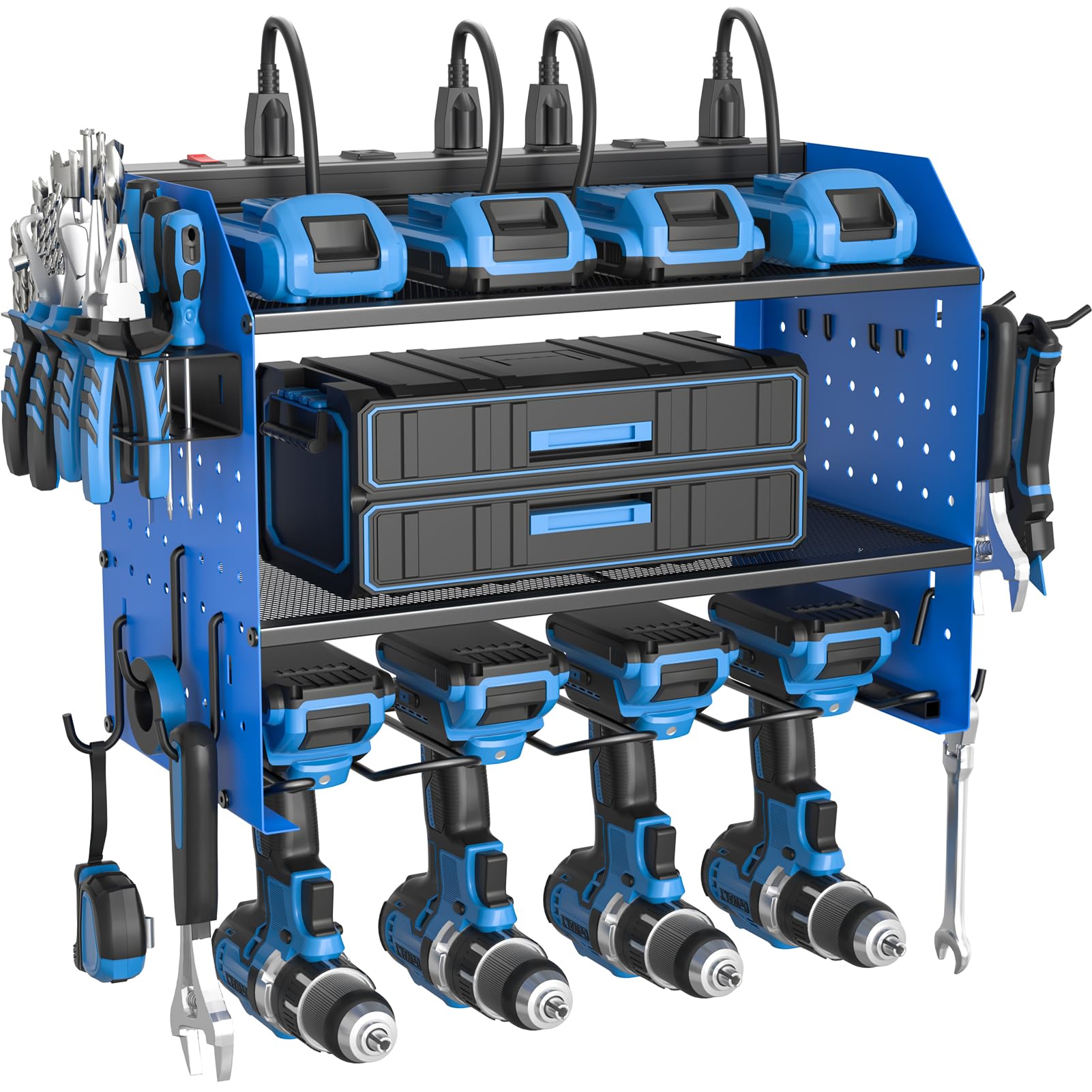 ZESEN Power Tool Organizer Wall Mount, 3 Layer Charging Station with 6 Outlets, 4 Drill Holders and Drill Bit Rack, Tool Holder Storage Shelf Rack for Garage, Workbench and Workshop, Black