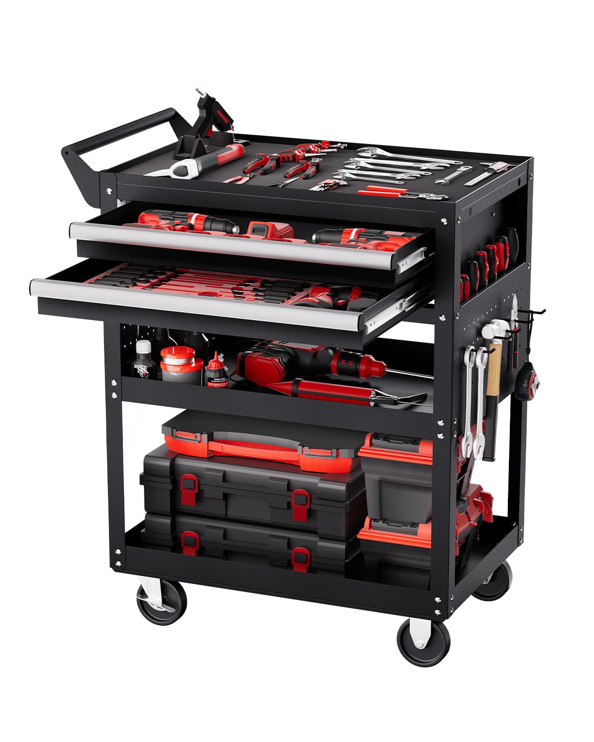 VEVOR 4-Tier Tool Cart with Wheels, 350 lbs Load Capacity, Rolling Work Cart with Drawer & Pegboard, Mechanic Tool Storage Organizer with Locking System for Garage, Warehouse and Repair Shop, Black