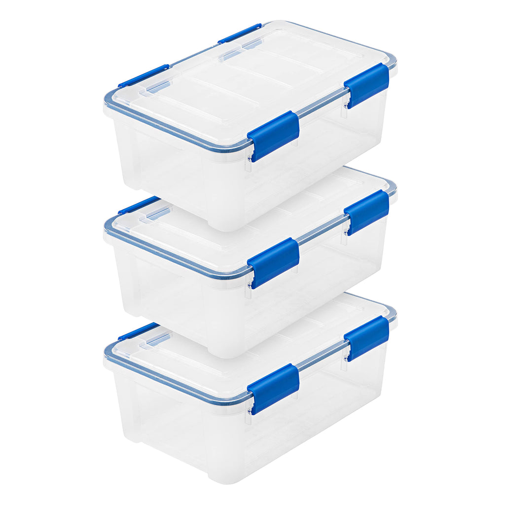 IRIS USA WeatherPro 44 Qt Storage Bins with Lids, 2 Pack, BPA-Free Plastic Gasket Box with Tight Latch and Seal, Stackable Nestable Tote Tub - Clear/Blue