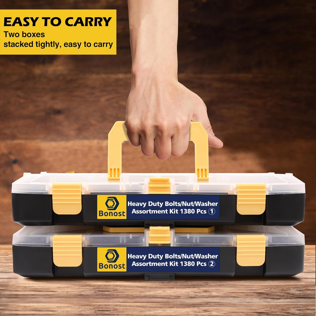 Bonost 1380pcs Nuts and Bolts Assortment Kit - Heavy Duty Grade 8.8 Metric M4 M5 M6 M8 Bolt Set with Assorted Nuts and Washers, Yellow Zinc Plated, Length from 12-30mm