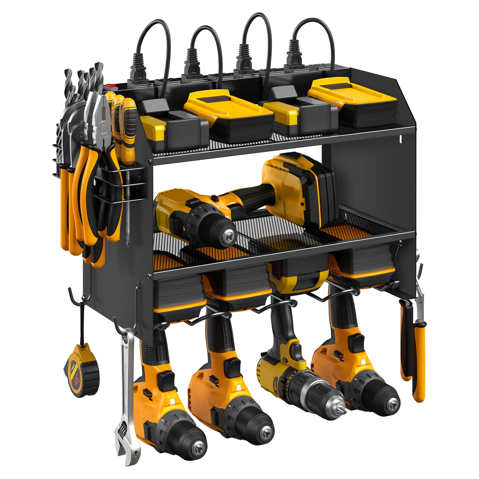 CCCEI Modular Power Tool Organizer Wall Mount with Charging Station. Garage Drill Storage Shelf with Hooks, Heavy Duty Rack, Tool Battery Holder Built in 8 Outlet. Gift for Men. Red, 1 Pack.