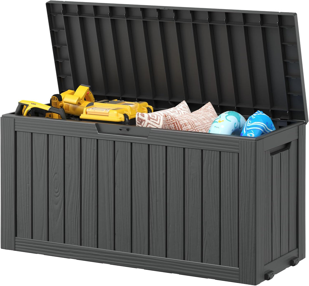 Outdoor Storage Box, Resin Deck Boxes Indoor and outdoor, Waterproof Storage Box Lockable Lid (Black, 85 Gallon)