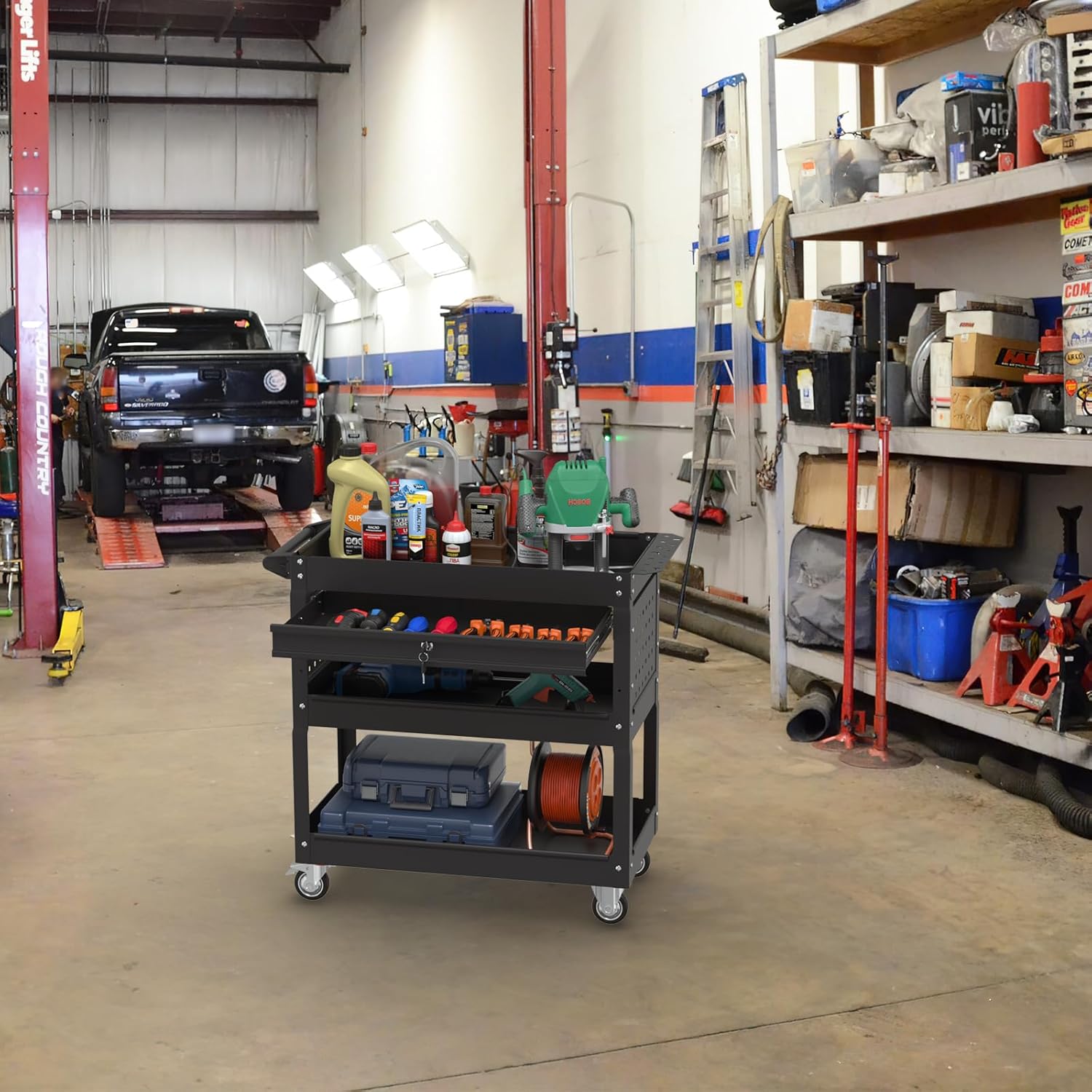 Matte Black Rolling Tool Cart, 3-Tier Mobile Utility Cart for Garage & Repair Shop