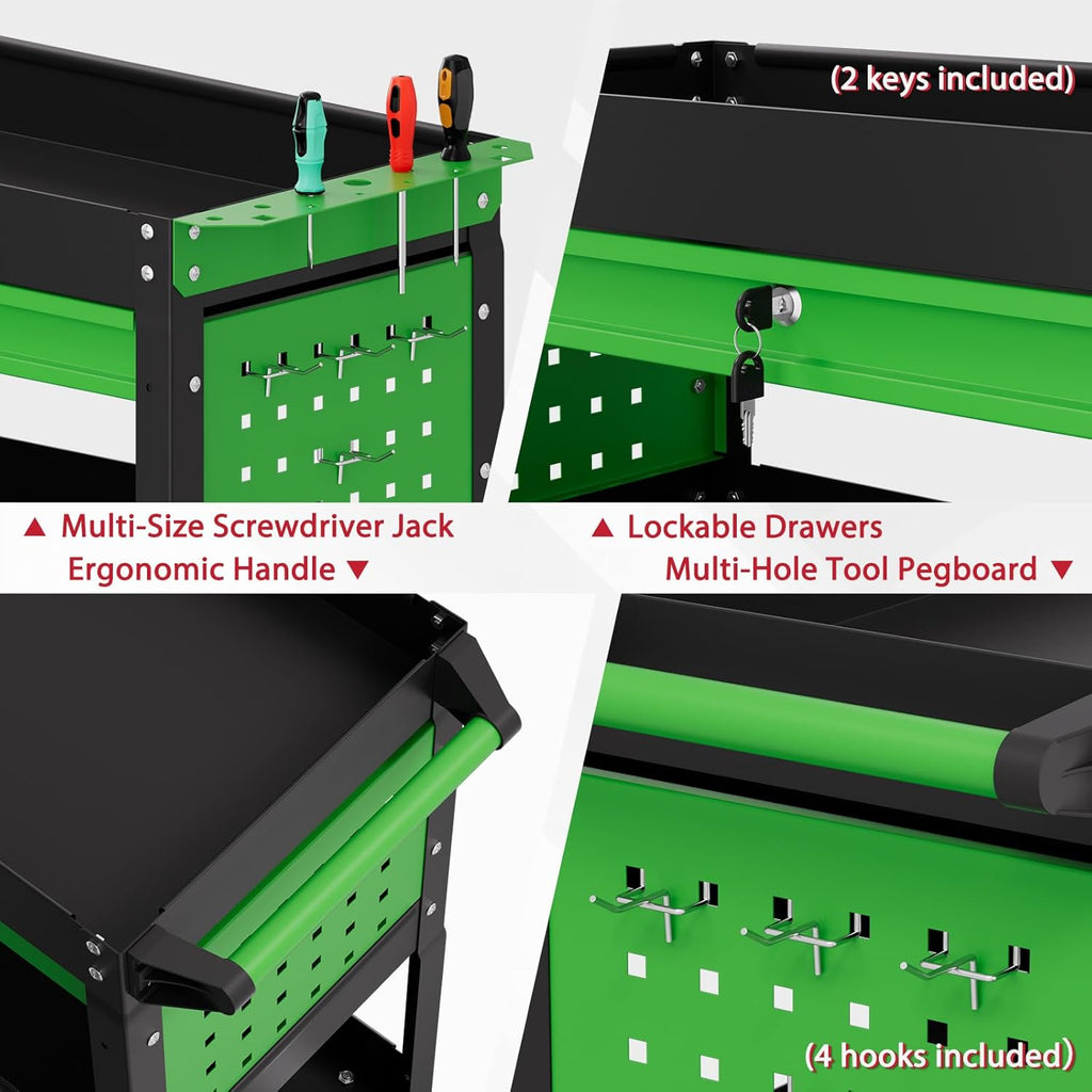 3 Tier Rolling Tool Cart on Wheels, Heavy Duty Industrial Utility Cart Service Cart with Drawer and Screwdriver Rack Pegboard, 550 LBS Mobile Tool Storage Organizer for Workshop, Garage(Green-Black)