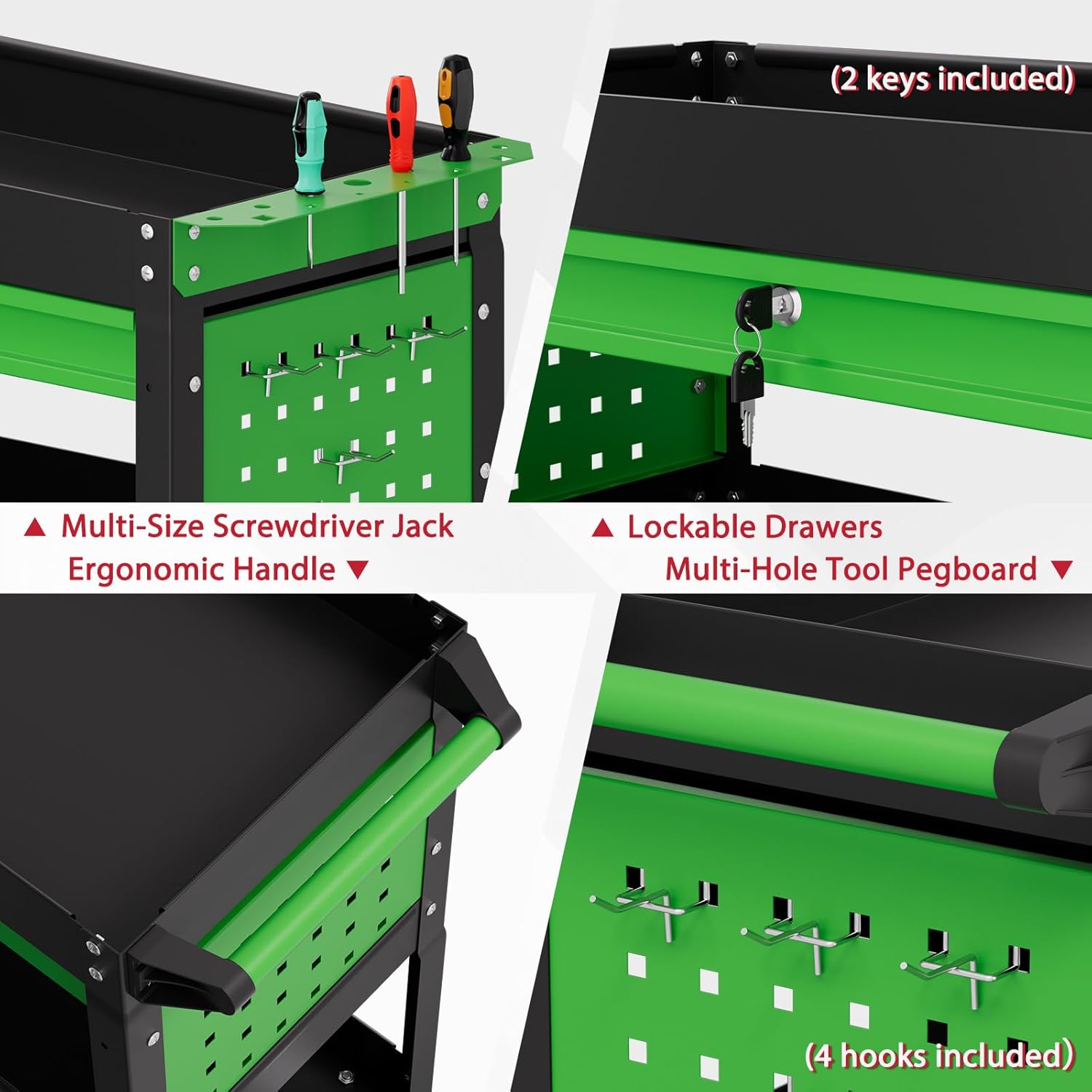 3 Tier Rolling Tool Cart on Wheels, Heavy Duty Industrial Utility Cart Service Cart with Drawer and Screwdriver Rack Pegboard, 550 LBS Mobile Tool Storage Organizer for Workshop, Garage(Green-Black)