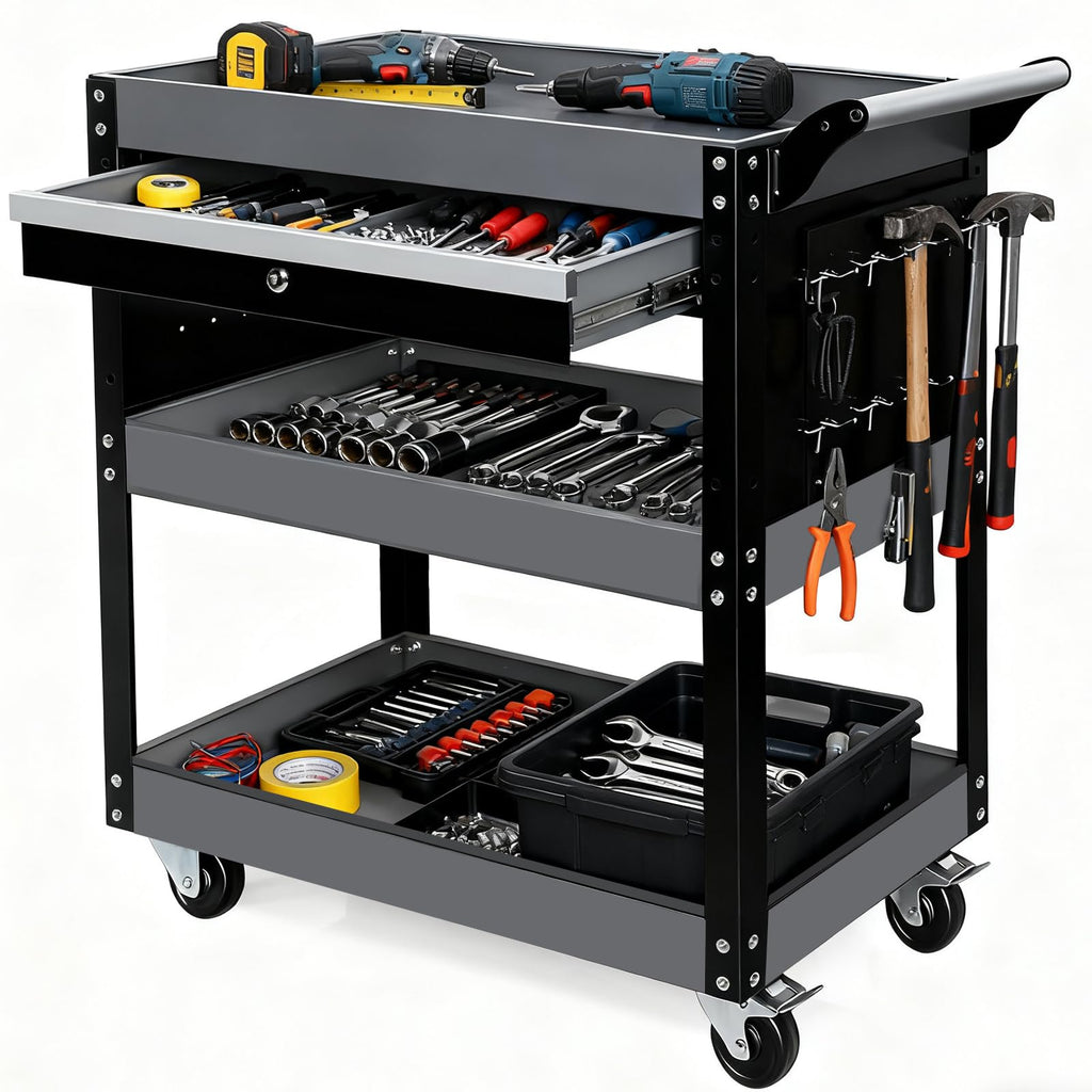 Tool Cart,440LBS Service Cart,4-Tier Tool Cart on Drawers,Hooks,Parts Box and Locking System for Warehouse,Garage,Workshop