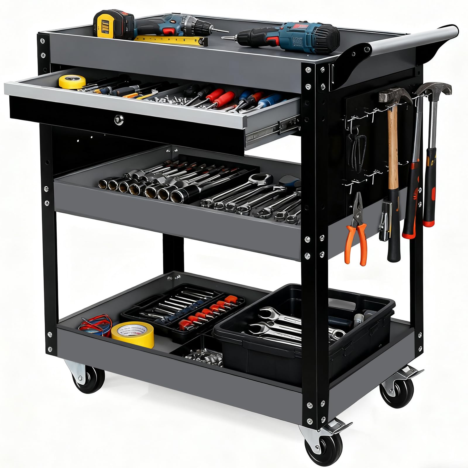 Tool Cart,440LBS Service Cart,4-Tier Tool Cart on Drawers,Hooks,Parts Box and Locking System for Warehouse,Garage,Workshop