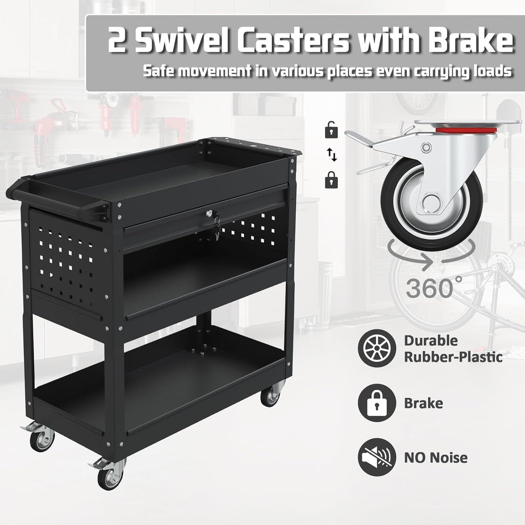 Matte Black Rolling Tool Cart, 3-Tier Mobile Utility Cart for Garage & Repair Shop