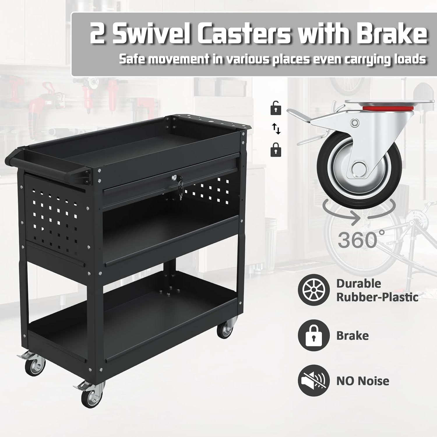 Matte Black Rolling Tool Cart, 3-Tier Mobile Utility Cart for Garage & Repair Shop