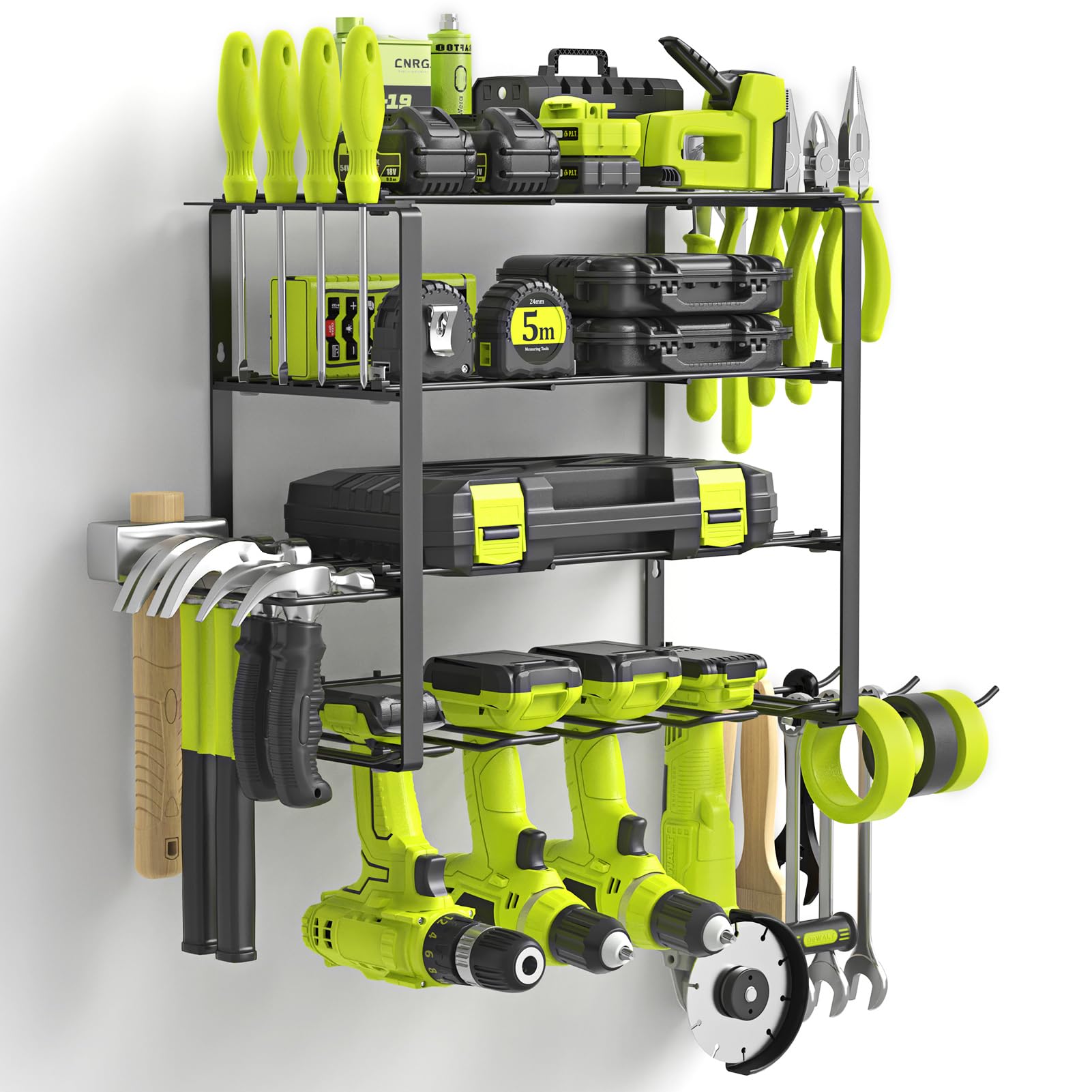 SUNALLY Power Tool Organizer Wall Mount with Charging Station,3 Layer Heavy Duty Metal Tool Storage Rack with 4 Drill Holders, Power Tool Shelf for Garage, Warehouse, Workshop, Gifts for Men, Husband