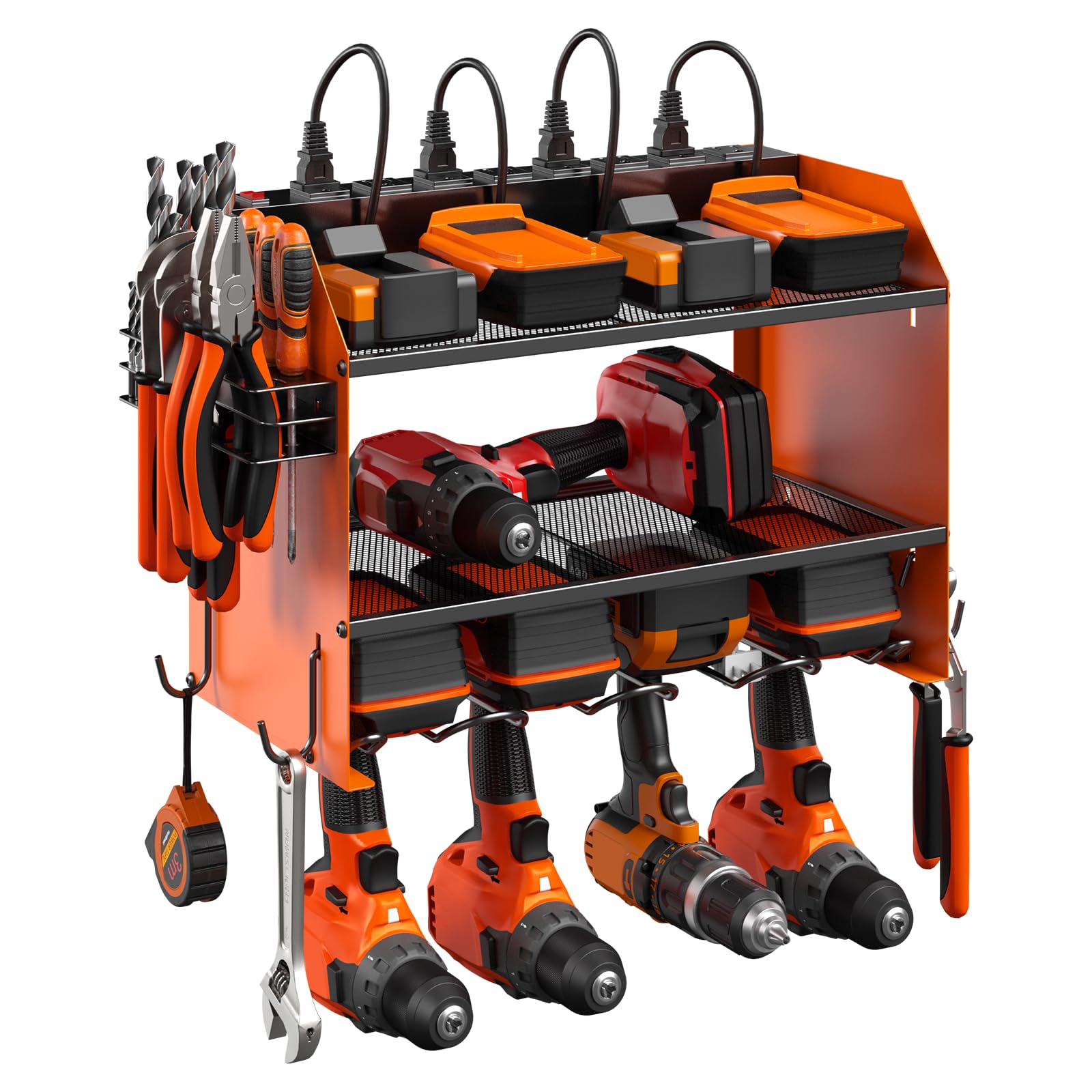 CCCEI Modular Power Tool Organizer Wall Mount with Charging Station. Garage Drill Storage Shelf with Hooks, Heavy Duty Rack, Tool Battery Holder Built in 8 Outlet. Gift for Men. Red, 1 Pack.