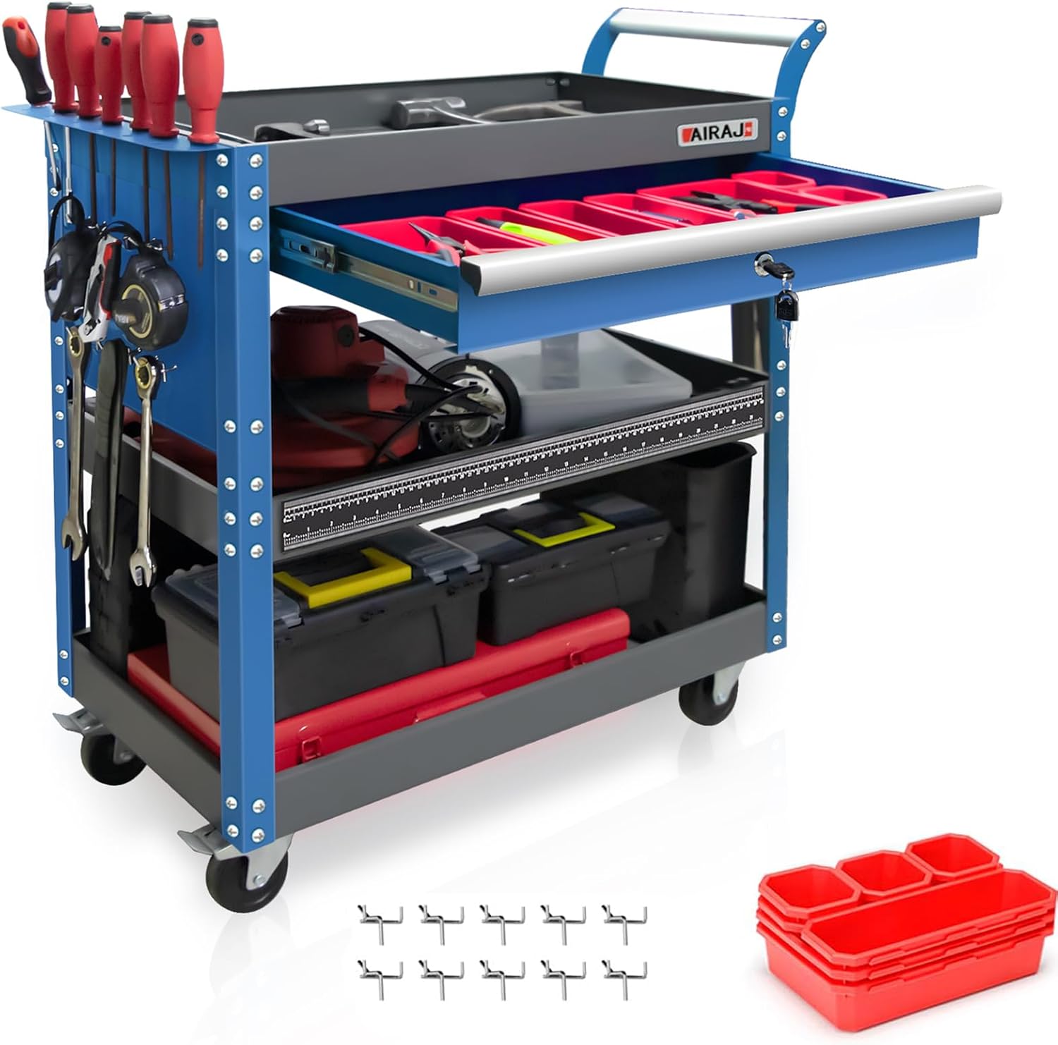 Tool Cart,440LBS Service Cart,4-Tier Tool Cart on Drawers,Hooks,Parts Box and Locking System for Warehouse,Garage,Workshop