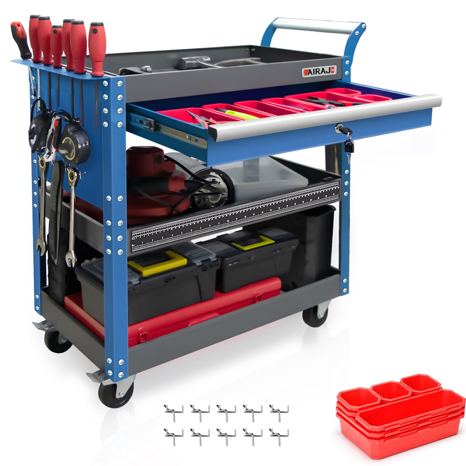 Tool Cart,440LBS Service Cart,4-Tier Tool Cart on Drawers,Hooks,Parts Box and Locking System for Warehouse,Garage,Workshop