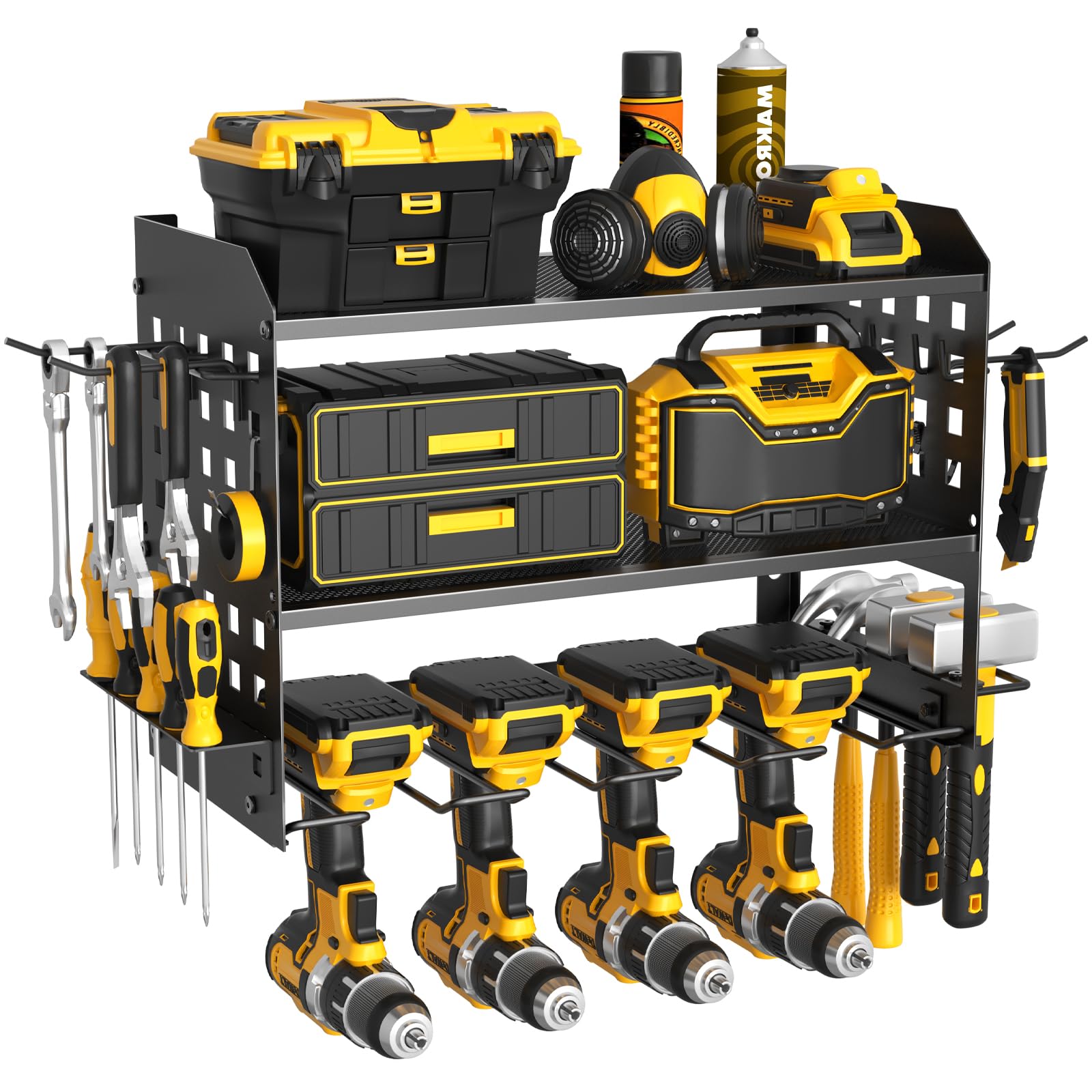 SUNALLY Power Tool Organizer Wall Mount with Charging Station,3 Layer Heavy Duty Metal Tool Storage Rack with 4 Drill Holders, Power Tool Shelf for Garage, Warehouse, Workshop, Gifts for Men, Husband