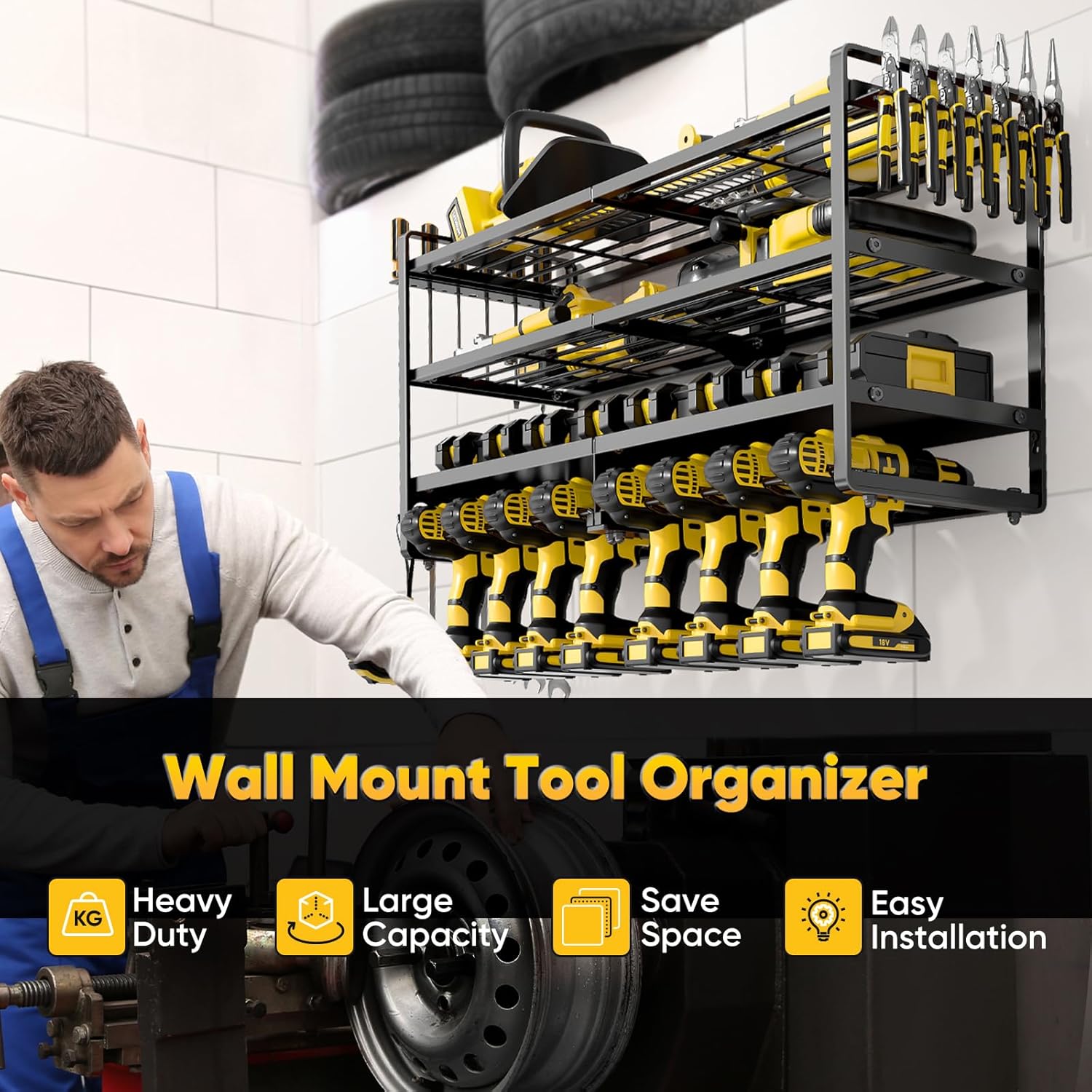 POKIPO Large Power Tool Organizer Wall Mount,4 Layers Heavy Duty Metal Loads 400lbs,Power Tool Shelf Battery Storage with 8 Cordless Drill Holder,Utility Racks for Garage Workshop