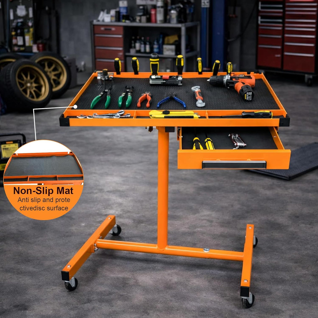 A A IN LT018 Heavy Duty Adjustable Work Table with Drawers, Rolling Tool Tray on Wheels of 220lbs Capacity, Mobile Service Tray for Mechanic
