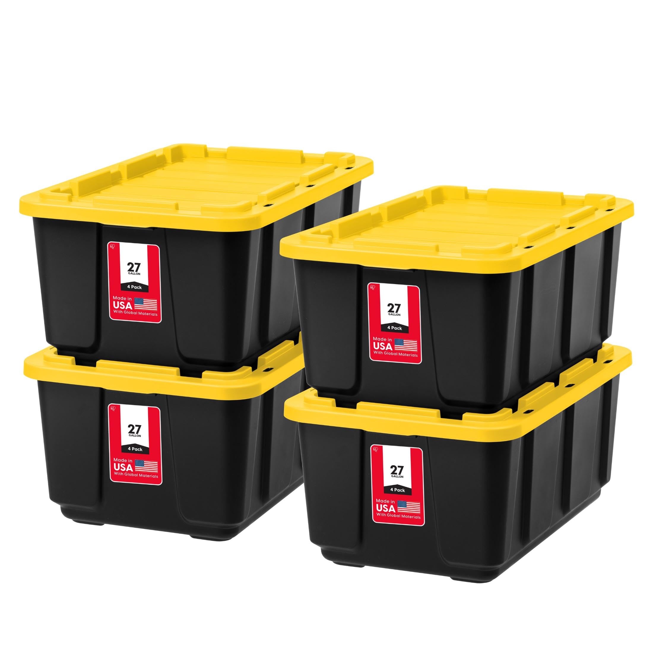 IRIS USA 4-Pack 27 Gallon Storage Bins with Lids |Made in USA| Heavy Duty Plastic Tote Containers for Truckbed Tool Box Organization, Large - Gray