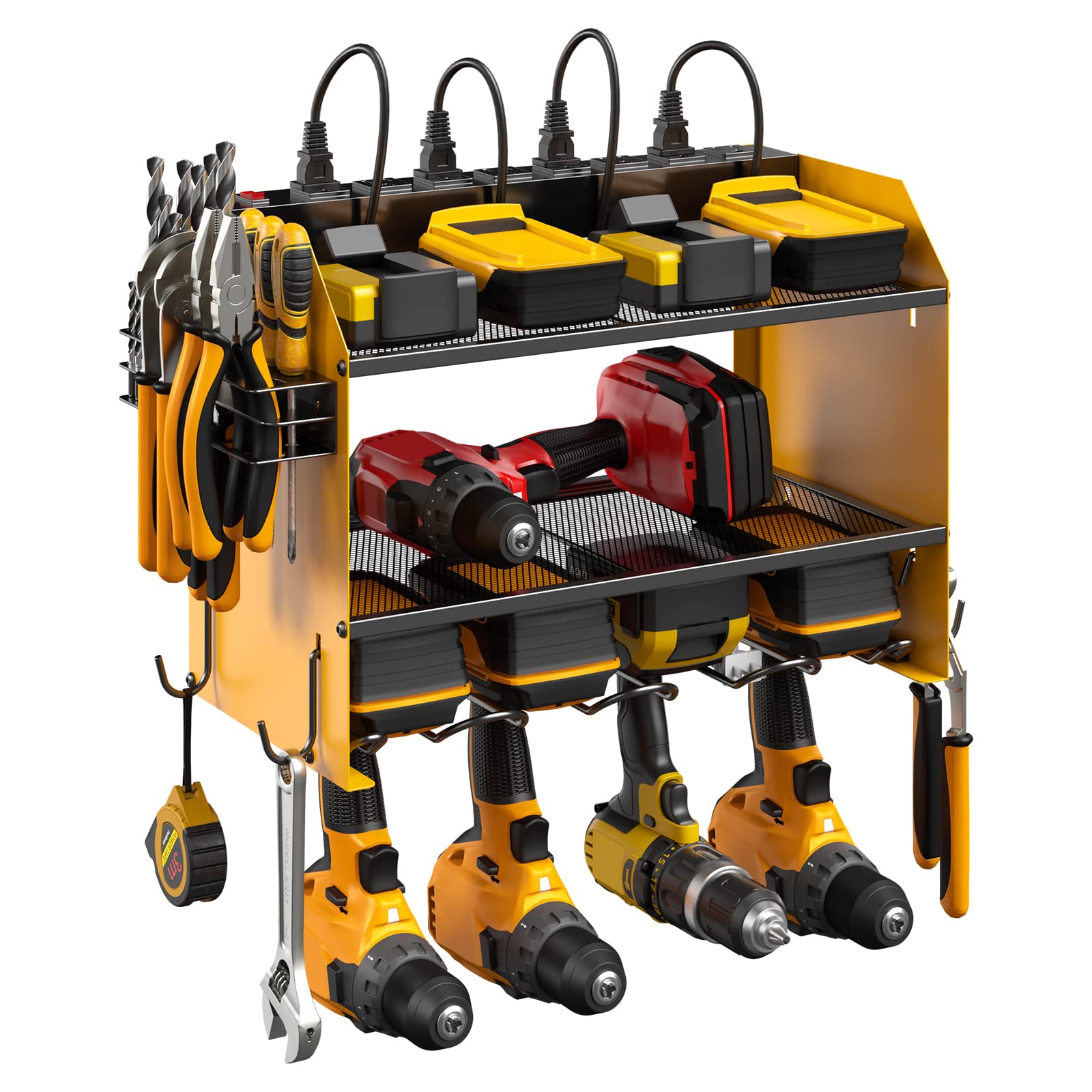 CCCEI Modular Power Tool Organizer Wall Mount with Charging Station. Garage Drill Storage Shelf with Hooks, Heavy Duty Rack, Tool Battery Holder Built in 8 Outlet. Gift for Men. Red, 1 Pack.